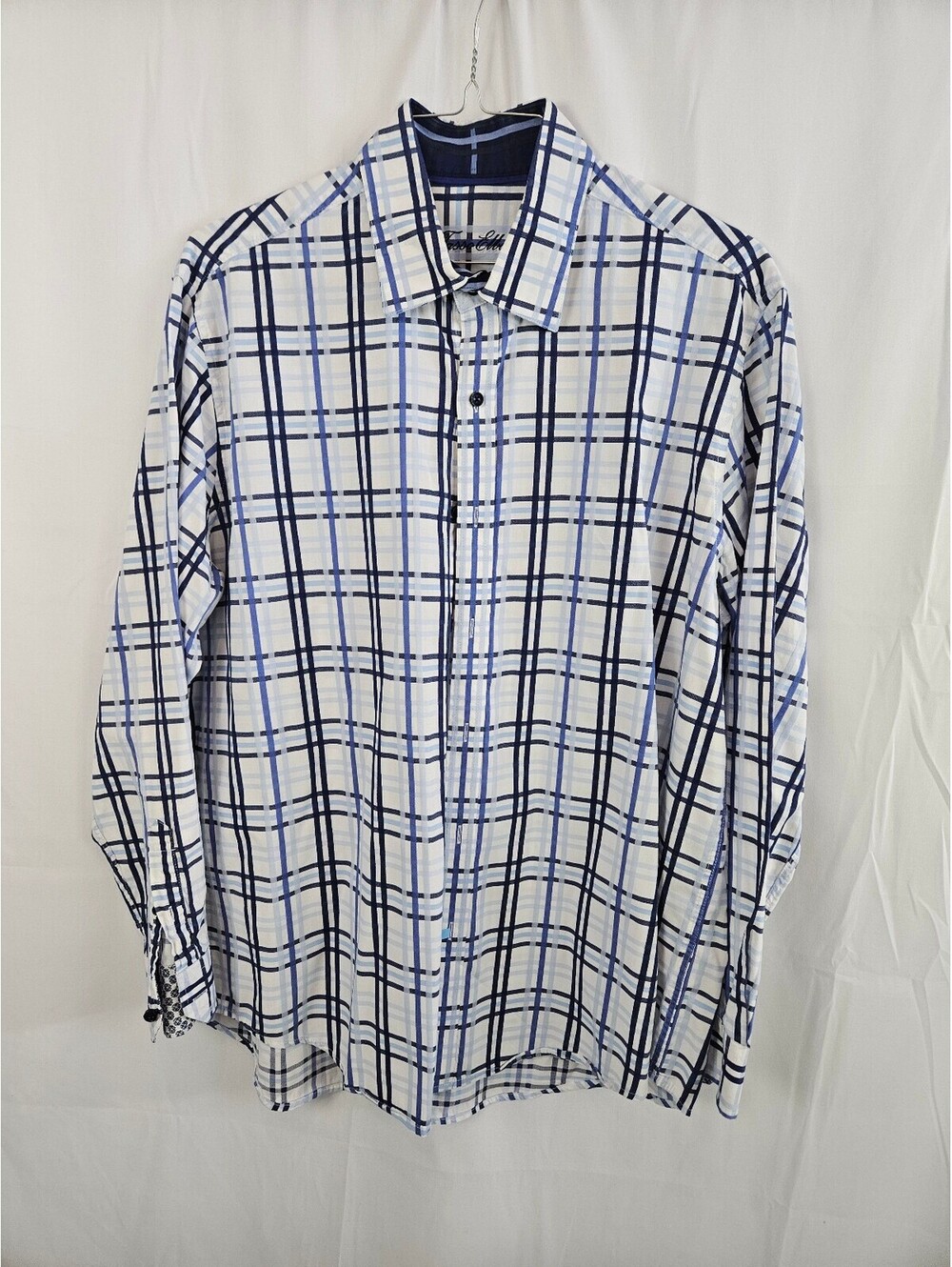 Tasso Elba Men's Blue and White Plaid Dress Shirt Size XL